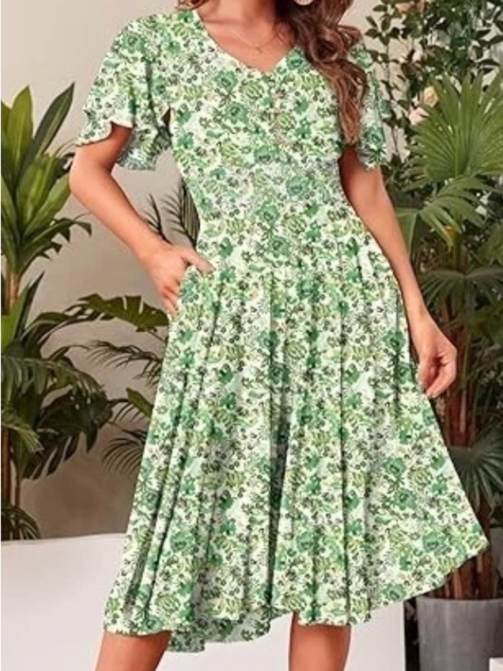 Green Floral V-Neck Midi Dress with Flutter Sleeves NWOT